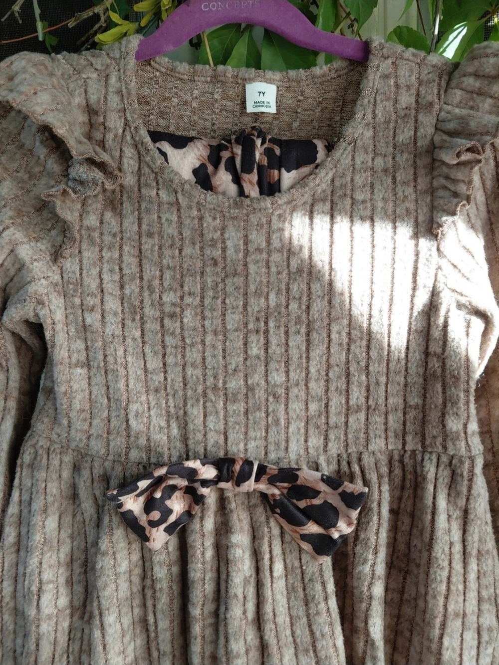 Girls' Cozy Ribbed Dress Top in Brown - Size 7Y